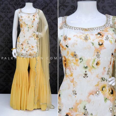 𝐏𝐀𝐋𝐊𝐇𝐈 𝐅𝐀𝐒𝐇𝐈𝐎𝐍 on Instagram: “Designer Gharara Suit With Stunning Mirror Work ⏩ Price :- $229 ➡️ Shop Now :- www.palkhifashion.com ✅ Call/WhatsApp :- +1(832) 243…” Blue Floral Dress Outfit, Designer Gharara, Palkhi Fashion, Floral Dress Outfits, Kurti Neck, Casual Indian Fashion, Fancy Blouse, Kurti Neck Designs, Kids Fashion Dress