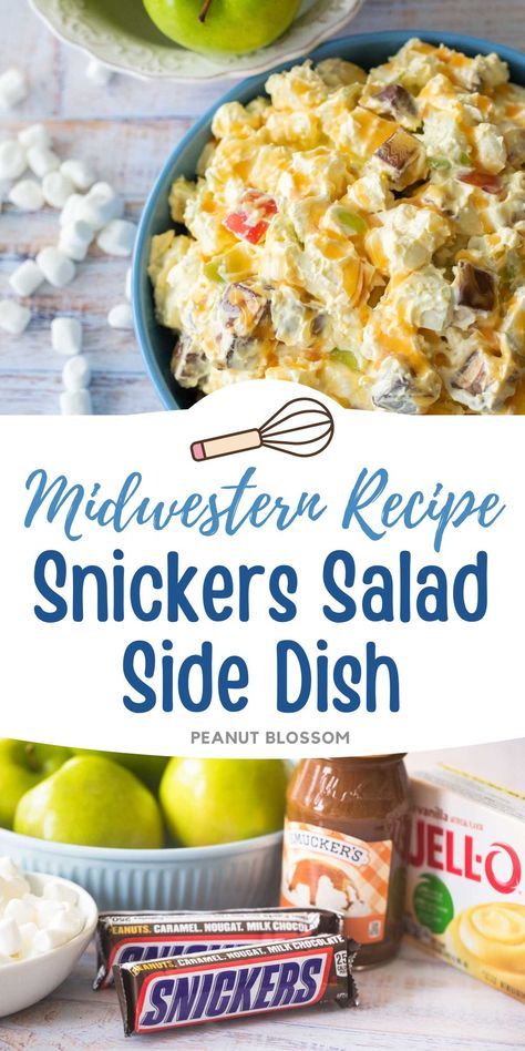 This classic Minnesota salad features chopped up Snickers bars mixed with chopped apples in a sweet and creamy "dressing." Serve it as a popular Thanksgiving side dish or an easy no-bake dessert to bring to a potluck. Snicket Apple Salad, Snickers Apple Salad Recipe, Minnesota Salad, Snicker Apple Salad Recipe, Snicker Salad Recipe, Midwest Food, Snicker Apple Salad, Snickers Salad, Peanut Blossoms