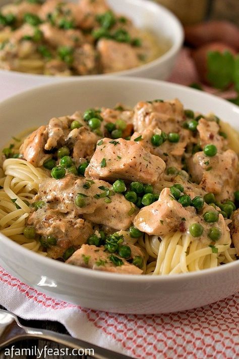 Creamed Salmon and Peas Over Linguini - A Family Feast® Creamed Salmon, Salmon And Peas, John Russell, Mustard Sauce, Family Feast, Fish Dishes, Seafood Dishes, Shallots, Salmon Recipes