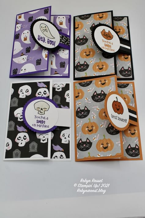 Halloween Cards Diy, Fall Cards Handmade, Cat Cards Handmade, Stampin Up Halloween, Halloween Card Ideas, Fancy Fold Card Tutorials, Halloween Cards Handmade, Cards Halloween, Fun Cards