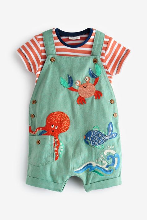 Buy Blue/Green Sealife Appliqué Baby 2 Piece Denim Dungaree and Bodysuit Set (0mths-2yrs) from Next USA Newborn Baby Outfits Boy, Baby Boy Outfits Newborn Summer, Baby Boy Dungarees, Baby Clothes Boy, Elegant Office Wear, Short Dungarees, Baby Mode, Baby Bug, Denim Dungaree