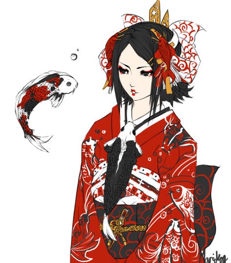 koi kiss by ~hachiyuki on deviantART Geisha Art, Japanese Characters, Cute Art Styles, Manga Illustration, Art Inspiration Drawing, Koi Fish, Funky Art, Girl Drawing, Fantasy Character Design