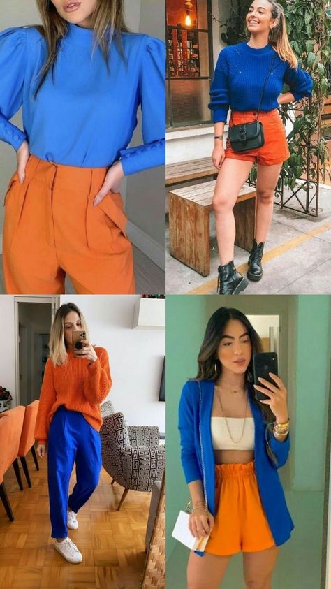 Orange Skirt Outfit, Contrast Outfit, Orange Color Combinations, Orange Outfits, Vibrant Outfits, Color Outfits, Colour Combinations Fashion, Blue Outfits, Color Combos Outfit