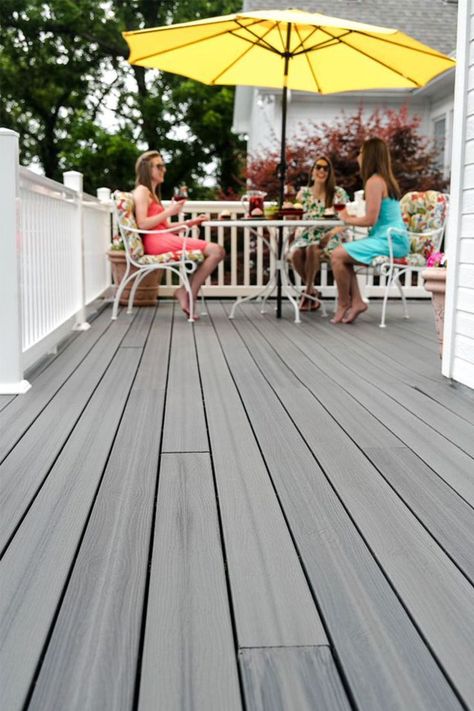 Grey Composite Decking, White Railing, Composite Decking Colors, Drinks By The Pool, Curb Appeal Garden, Composite Wood Deck, Composite Deck, Wood Composite, New Deck