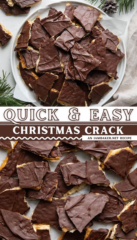 a white plate has a pile of Christmas crack on it, and the second image has Christmas crack spread out on a white surface. Cracker And Chocolate Bark, Easy Sweet Christmas Treats, Graham Cracker Candy Recipe, Saltine Cracker Bark, Chocolate Saltine Crackers, Cracker Brittle Saltine, Chocolate Cracker Bark, Cracker Christmas Treats, Christmas Baking Chocolate