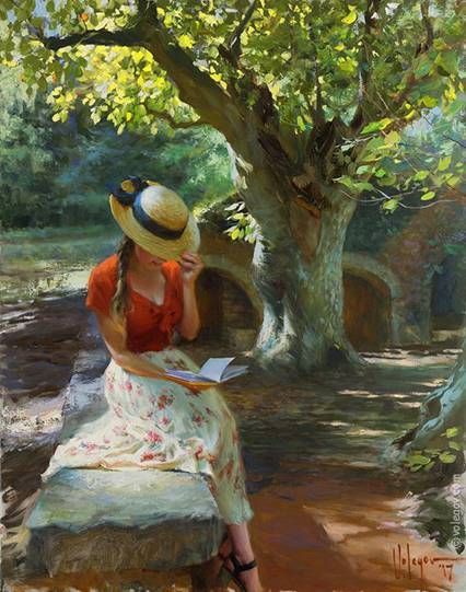 "IT-S A WONDERFUL DAY", 92x73 cm, oil on canvas, artist Vladimir Volegov #OilPaintingCanvases Vladimir Volegov, Reading Art, Woman Reading, Reading A Book, Gustav Klimt, Wonderful Day, Woman Painting, Figurative Art, Beautiful Paintings