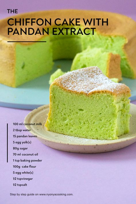 Pandan Chiffon Cake, Asian Dessert Recipes, Pandan Cake, Pandan Leaves, Kek Lapis, Resipi Kek, Asian Cake, Yoghurt Cake, Sponge Cake Recipes