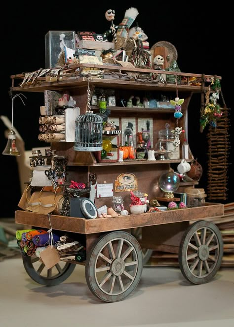 Goblin Market Aesthetic, Merchant Wagon, Miniature Street, Goblin Market, Wooden Cart, Haunted Dollhouse, Halloween Miniatures, Doll House Crafts, Covered Wagon