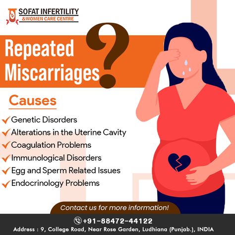 Repeated Miscarriages ? Causes ✔ Genetic Disorders ✔ Alterations in the Uterine Cavity ✔ Coagulation Problems ✔ Immunological Disorders ✔ Egg and Sperm Related Issues ✔ Endocrinology Problems Contact us for more information! Gynaecology Creative Ads, Gynecological Problems, Fertility Clinic, Data Table, Medical Posters, Genetic Disorders, Post Pregnancy, Genetic, Fertility