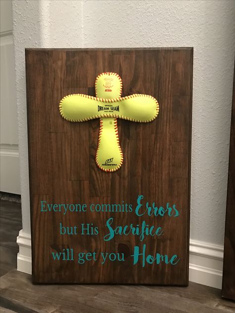 Softball Cross Board  Softball Decor   https://m.facebook.com/loveyourtribecreations/?ref=bookmarks Cute Gift Ideas For Friends, Softball Cross, Softball Decor, Softball Room, Softball Decorations, 4h Project Ideas, Softball Crafts, 4h Projects, Senior Softball