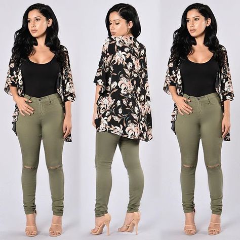 ❤️476 NEW ARRIVALS❤️ Search: "Wrapped In Flowers Kimono" Search: "Keep It Simple Bodysuit" Search: "Canopy Jeans" Search: "Californication Heels" ✨www.FashionNova.com✨ Olive Green Jeans Outfit, Green Jeans Outfit, Shirt Spring Outfit, Olive Green Jeans, Olive Green Shirt, Green Jeans, Floral Kimono, Green Shirt, Keep It Simple