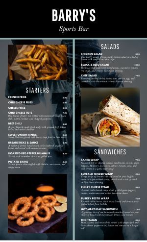 American Sports Bar Menu Design Template by MustHaveMenus Snack Bar Menu Design, Sports Bar Menu Design, Bar Food Menu Ideas, Bar Menu Design Ideas, Snack Bar Menu, Catering Menu Design, Bar Menu Design, Pool Menu, American Sports Bar