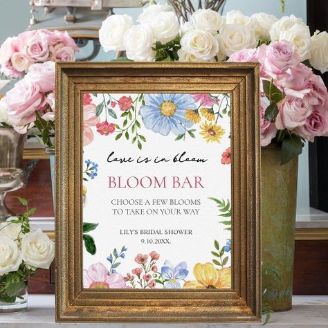 $11.65 | Love in Bloom Wildflower Bridal Shower Bloom Bar #watercolor elegant modern unique chic, spring summer outdoor bridal shower, blush pink, love is in bloom, love is blooming, wildflowers, floral, girly colorful cute soft feminine, bloom bar sign, flower bar sign Love In Full Bloom Bridal Shower Theme, Flower Bar Sign, Bridal Shower Poster, Bloom Bar, Love Is In Bloom, Outdoor Bridal Showers, Wildflower Bridal Shower, Love In Bloom, Bridal Shower Inspo