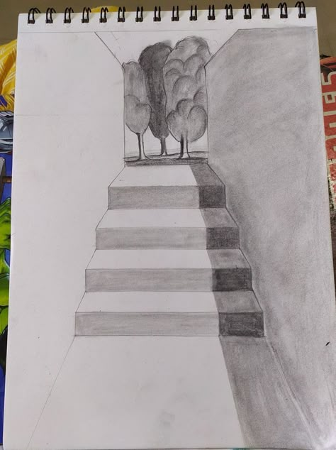 Drawing With Shadows Easy, Stairs Art Drawing, Drawings With Shadows, 1 Point Perspective Drawing Easy, One Point Perspective Drawing Easy, One Perspective Drawing, Drawing Stairs, Stairs Drawing, 1 Point Perspective Drawing