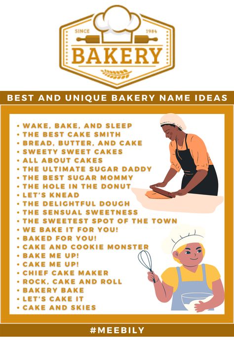 If you are looking for some creative names for your newly inaugurated bakery business then head over to few unique bakery names before they are taken by someone else. #Best #UniqueBakeryNameIdeas #BakeryNameIdeas #BestandUniqueBakeryNameIdeas #NameIdeas Cute Names For Cake Business, Baking Page Names For Instagram, Baking Names Ideas With Logo, Bakery Tagline Ideas, Bake Shop Name Ideas, Cake Shop Name Ideas Unique, Names For Baking Business, Cake Shop Name Ideas Logos Design, Bakery Slogan Ideas