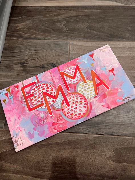 Cute Dorm Room Paintings, Preppy Painting Collage, Names Painted On Canvas, Dorm Room Diy Decorations Crafts, Easy Dorm Paintings, Home Made Posters Ideas, Cute Painting For Room, Pink And Orange Canvas Paintings, Diy Room Painting Ideas Canvas