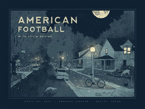 American Football concert poster for their show in Dallas, TX on April 1st, 2017. Designed by Nicholas Moegly. #american #football #band #poster #music #gig Nicholas Moegly, American Football Band, American Football Poster, Gig Posters Design, Football Music, Football Drawing, Majestic Theatre, Midwest Emo, Band Poster