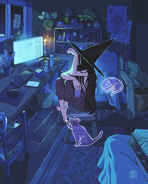 Witch Lockscreen Aesthetic, People Base, Anime Witch, Sewing Space, Modern Witch, Ghost Cat, Amazing Drawings, Modern Fantasy, Witch Art