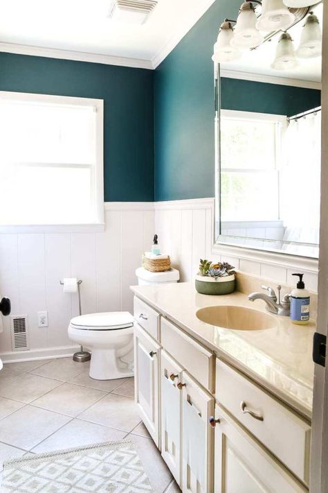 Teal Painted Bathroom Makeover - Bless'er House Teal Bathroom Paint, Counter Paint, Small White Bathrooms, Teal Bathroom Ideas, White Bathroom Paint, Counter Top Sink Bathroom, Painting Laminate, Teal Bathroom, Painted Bathroom