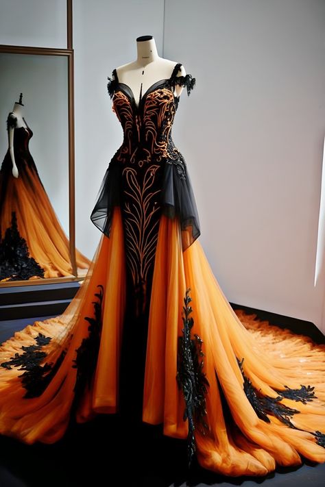 Black Fire Dress, Fire Themed Wedding Dress, Black And Orange Prom Dress, Orange And Black Wedding Dress, Fire Prom Dress, Black And Orange Wedding Dress, Autumn Court Dress, Fire Inspired Dress, Fire Themed Outfits