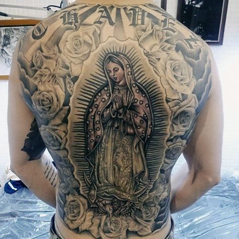 Guadalupe Rose Flower Guys Tattoo Designs Full Back Mexico Flag Tattoo, Man Chest Tattoo, Virgin De Guadalupe Tattoo Ideas, Empowerment Tattoo, Guadalupe Tattoo, Maria Tattoo, Man Chest, Mexican Wallpaper, Tattoo Angel