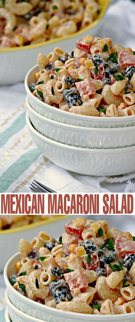 This Mexican Macaroni Salad recipe is a very versatile summer salad perfect for picnics and barbecues. I love serving it at family BBQ's as a side dish. Mexican Macaroni Salad Recipe, Mexican Macaroni, Mexican Macaroni Salad, Macaroni Salad Ingredients, Recipes With Cool Whip, Layered Salad Recipes, Shrimp Salad Recipes, Mason Jar Salad Recipes, Spinach Salad Recipes