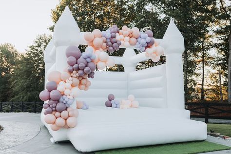 Bounce House Photoshoot, Pink And Purple Balloons, White Castles, Bouncing Castle, Taylor Swift Bday Party, Party Bounce House, Surprise Engagement Photos, Bounce Castle, Castle Bounce House