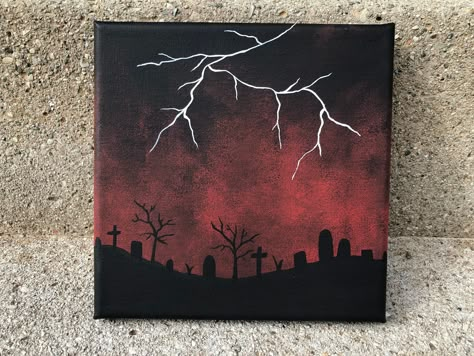 Halloween Cemetery painting with a lightning storm. Made with acrylic on a 6x6 inch stretched canvas. This painting makes the perfect wall art decor for the Halloween spirit:)  Sent with a free sticker and packed with care! :) Small Canvas Ideas Easy, Paint Halloween Canvas, Spooky Canvas Painting, Easy Canvas Painting Halloween, Vintage Painting Ideas Easy, Halloween Small Paintings, Black Paint Art, Book Paintings On Canvas, Scary Things To Paint On Canvas