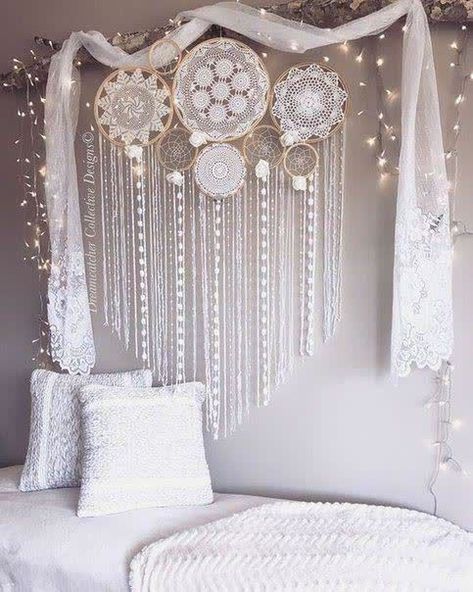 $49.99 · Update your bedroom with our signature 11 pc. DIY dream catcher. Easy to hang and beautiful in any setting. Available... Dreamcatcher Diy, Doily Dream Catchers, Lace Dream Catchers, Dream Catcher Decor, Diy Wand, Lace Art, Dream Catcher Diy, Handmade Lace, Mason Jar Diy