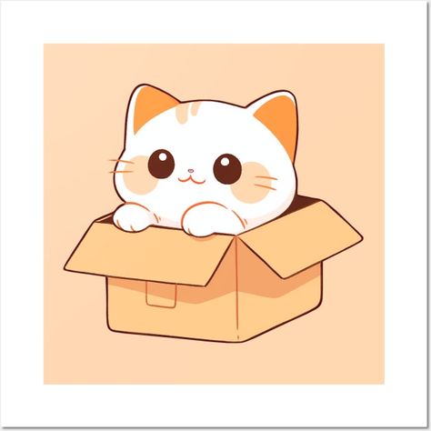 Cute Cat In A Box - Cute Cat - Posters and Art Prints | TeePublic Cute Cat Art Cartoon, Cat In Box Drawing, Cat In A Box Drawing, Draw So Cute Animals, Cute Cat Art Kawaii, Cute Art Inspiration, Chat Box Design, Cat At Work, Animal Chibi