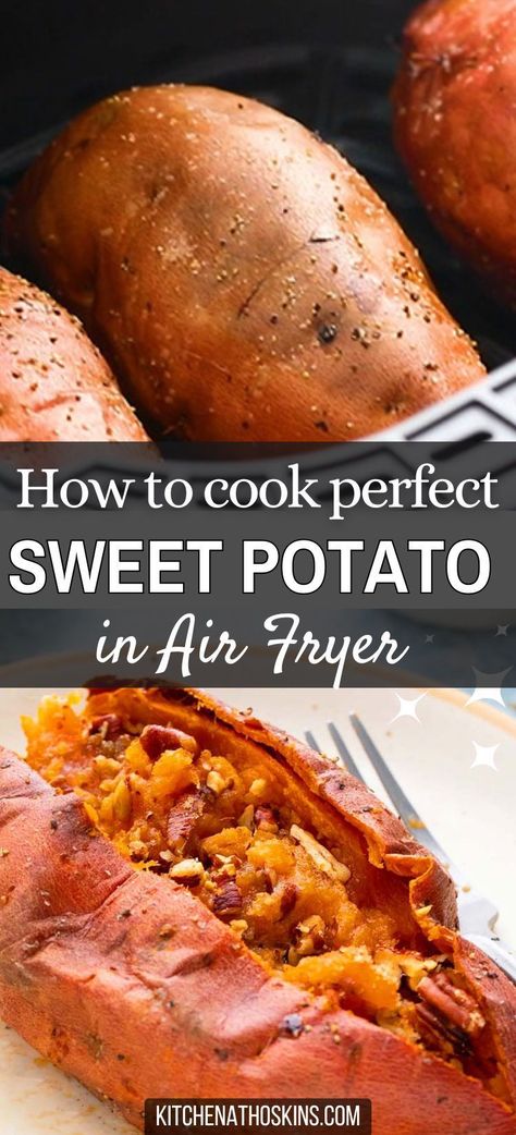 Learn how to make the best baked sweet potatoes in air fryer that is easy, turns out light and fluffy and is one of the best ways to roast whole sweet potato. This sweet potato recipe can be a simple Thanksgiving side dish or made into twice baked, mashed or a casserole. Get the easy air fryer baked sweet potato recipe at kitchenathoskins.com. Air Fryer Sweet Potatoes, Easy Sweet Potato Recipes, Potato Calories, Sweet Potato Benefits, Sweet Potato Recipes Baked, Twice Baked Sweet Potatoes, Baked Sweet Potatoes, Sweet Potato Skins, Quick Side Dishes