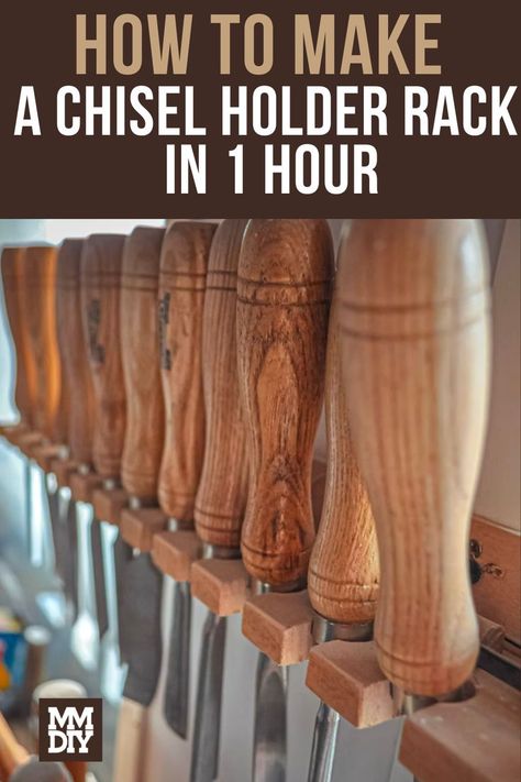 Give your chisels the home they deserve. // DIY // Do It Yourself // Woodworking // Woodworking Projects // Chisel Rack // Chisel Rack, Lathe Chisels, Types Of Plywood, Wood Carving Chisels, Wood Workshop, Eastern White Pine, Southern Yellow Pine, Pine Timber, Tool Rack