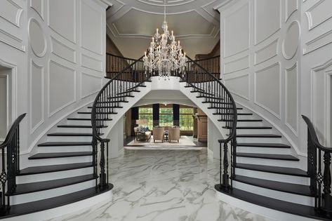 Howell Residence - Tutto Interior Design Michigan Double Staircase Foyer, Luxury Staircase, Contemporary Entryway, Double Staircase, Stairway Design, Project Portfolio, Luxury House Interior Design, Foyer Design, Plan Ideas