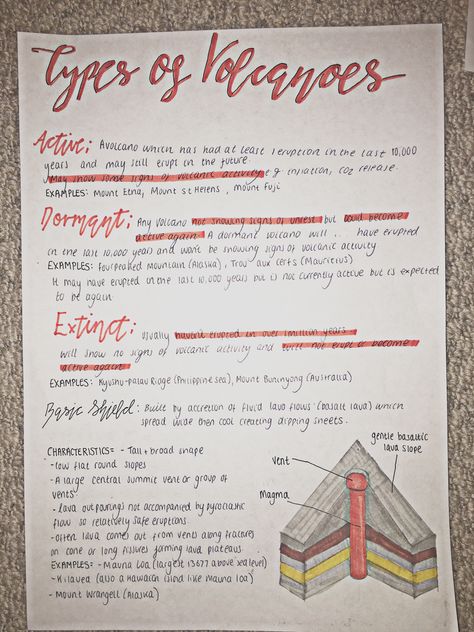 Notes About Volcanoes, Volcano Notes Aesthetic, Geography Volcano Notes, Junior Cert Study Notes, Geography Study Notes, Geography Gcse Revision, Geography Aesthetic Notes, Volcano Notes, Geography Notes Ideas