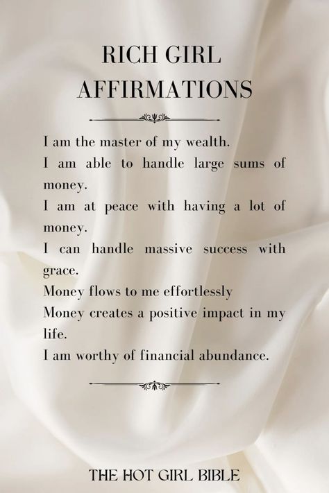 Daily Affirmations For Women In Their RICH GIRL ERA.  Save this pin and AFFIRM it Girl! Money Flowing To Me, I Am A Queen Affirmations, Girls That Invest, Money Abundance Affirmations, Financial Abundance Affirmations, Financial Abundance Aesthetic, Rich Girl Affirmations, I Am Rich Affirmations, Lots Of Money Aesthetic