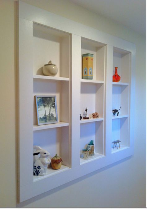 In-Wall Display Case Between The Studs, Bathroom Wall Storage, Wall Storage Shelves, Shelves Diy, Eclectic Living Room, Curio Cabinet, Cool Ideas, Built In Shelves, Wall Storage