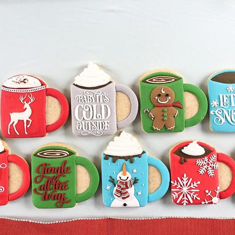 These cookies are so much fun to snack on at holiday dinner. Christmas cocoa mugs with fun Coffee Mug Cookie, Christmas Coffee Cup Cookies Decorated, Christmas Mug Sugar Cookies, Coffee Cup Sugar Cookies, Cup Cookies Decorated, Mug Cookies Decorated, Coffee Cup Cookies Decorated, Christmas Mug Cookies, Coffee Mug Cookies