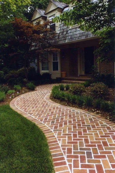 Top 50 Best Brick Walkway Ideas - Hardscape Path Designs Brick Walkway Ideas, Brick Landscape, Front Yard Walkway, Brick Sidewalk, Brick Border, Types Of Bricks, Brick Pathway, Walkway Design, Brick Path