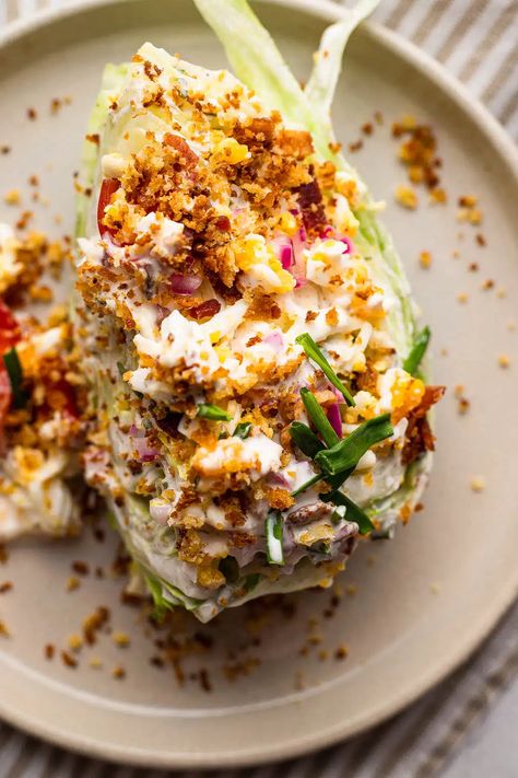 Loaded Wedge Salad Recipe | So Much Food Wedge Salad Ranch Dressing, Wedge Caesar Salad, Loaded Wedge Salad, Wedge Salad With Ranch Dressing, Grilled Wedge Salad, Feta Wedge Salad, Fall Wedge Salad, Wedge Salad Charcuterie Board, Wedge Salad Board Ideas