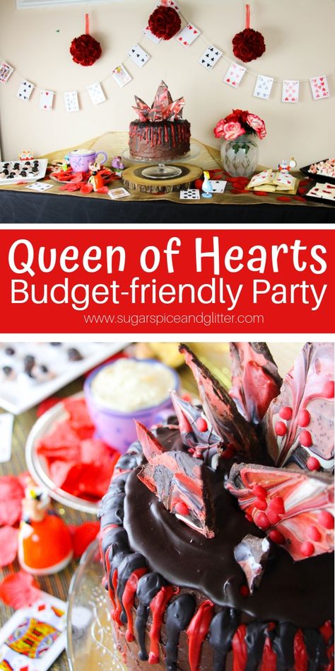 Queen of Hearts Party for Kids Disney Party Theme, Queen Of Hearts Birthday, Queen Of Hearts Party, Budget Birthday Party, Disney Parties, Villains Party, Budget Birthday, Party On A Budget, Descendants Party