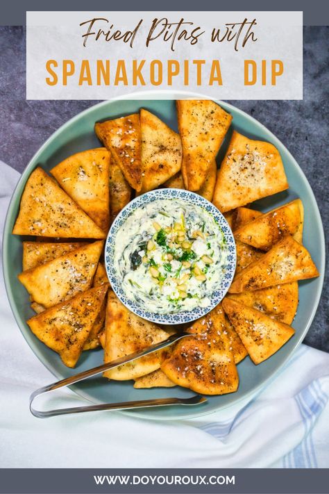 Dip For Spanakopita, Deep Fried Pita Bread, Dip For Pita Bread, Pita Dips, Pudding Fruit Dip, Spanakopita Dip, Fried Pita Chips, Fried Pita Bread, Greek Appetizer