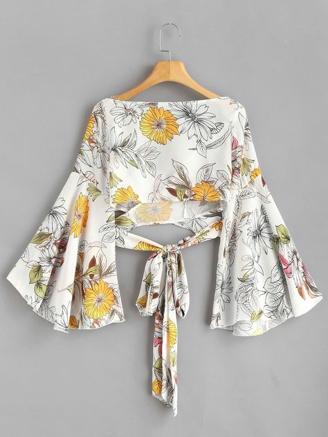 Flare Sleeve Floral Wrap Blouse  GREEN WHITE , #AFFILIATE, #Floral, #Sleeve, #Flare, #Wrap, #WHITE #Ad Fashion Tops Blouse Unique, Cute Blouses For Women, Outer Design, African Dresses For Kids, White Blouses, Womens Halter Tops, Fashion Top Outfits, Stylish Work Attire, Fashion Tops Blouse