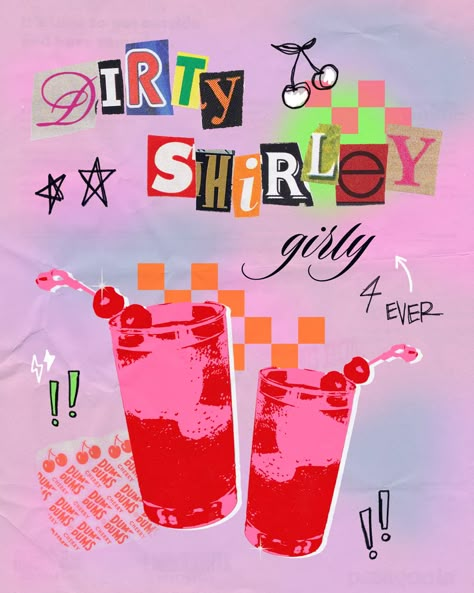 Shirley Temple Aesthetic, Dirty Shirley Birthday Theme, Dirty Shirley Temple, Dirty Shirley, Shirley Temple Drink, Dirty 30, Nostalgia Art, Kitchen Artwork, Wal Art