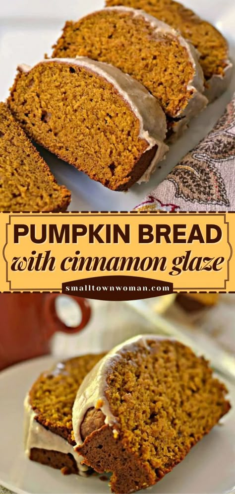 PUMPKIN BREAD WITH CINNAMON GLAZE, Fall baking, pumpkin recipe Moist Pumpkin Bread Recipe, Dessert Pumpkin, Small Town Woman, Cinnamon Glaze, Pumpkin Bread Pudding, Moist Pumpkin Bread, Pumpkin Loaf, Pumpkin Recipe, Bread Sweet