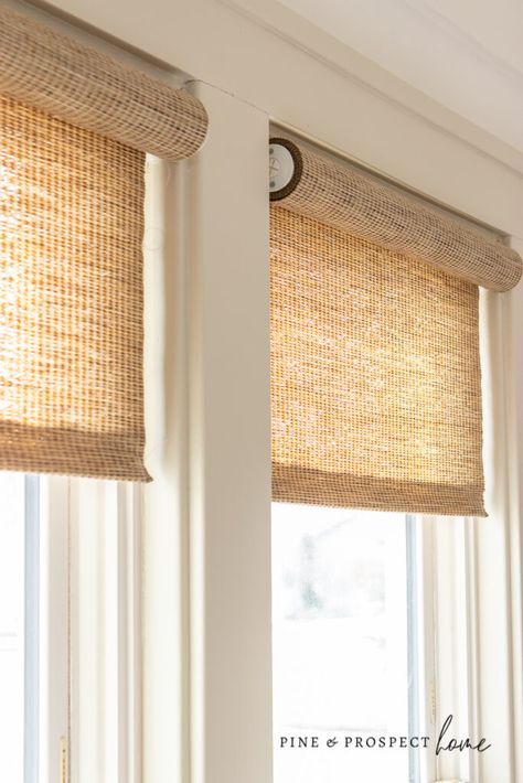 Roller Shades Kitchen, Woven Roller Shades, Roller Shades Living Room, Cottage Window Treatments, Bamboo Roller Shades, Pine And Prospect, Pine And Prospect Home, Cottage Windows, Window Treatments Living Room