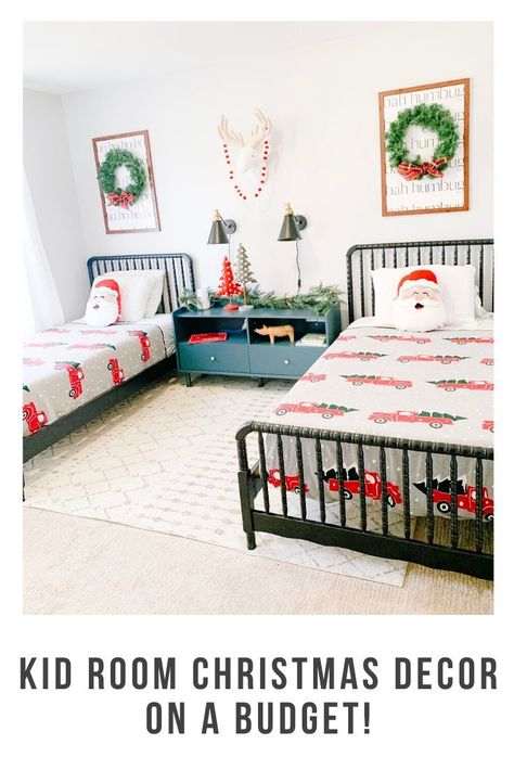 Decorate your kids room for Christmas on a budget! Great ideas for a boys room. Kids Christmas Bedroom, Christmas Kids Room, Room Christmas Decor, Christmas Sheets, Room Boys, Shared Room, Christmas Decorations Bedroom, Christmas Room Decor, Decor On A Budget