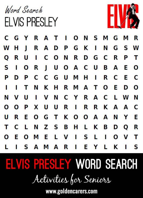 Elvis Presley Word Search: Who can get enough of Elvis! Here is a fun word search to enjoy. Elvis Crafts, Elvis Cupcakes, Elvis Birthday Party, Elvis Presley's Birthday, Elvis Christmas, Elvis Birthday, Fun Word Search, Free Word Search Puzzles, Free Word Search