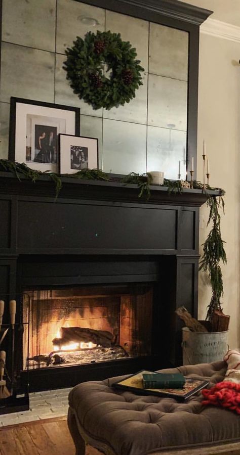 Living Room Black Fireplace, Black Fireplace Mantels, Black Fireplace Mantel, Painted Fireplace Mantels, Farmhouse Fireplace Mantels, Painted Fireplace, Fireplace Black, Grey Fireplace, Electric Fireplace Mantle