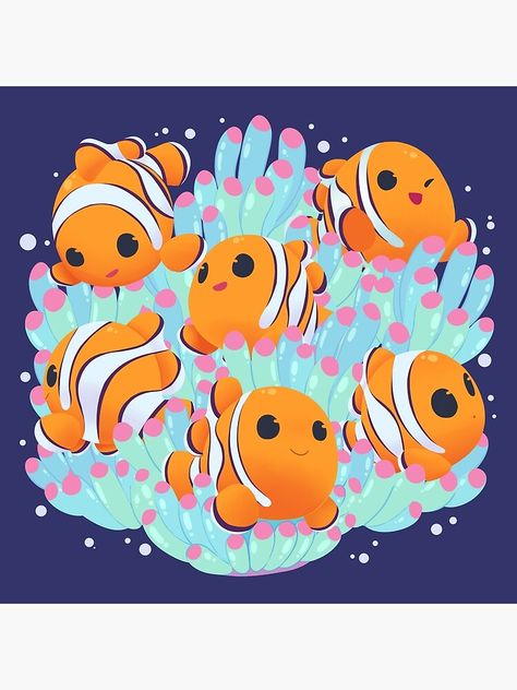 "Clownfish Playground" Art Print by Comiquarium | Redbubble Clownfish Illustration, Clownfish Drawing, Clown Fish Art, Species Poster, Art Aquarium, Fish Cute, Bio Happy, Cartoon Fish, Fish Illustration