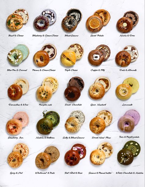 Bagel Menu Design, Bagel Shop Design, Bagel Bar, Food Infographic, Bagel Shop, Food Recepie, Bakery Recipes, Food Poster, Bagels